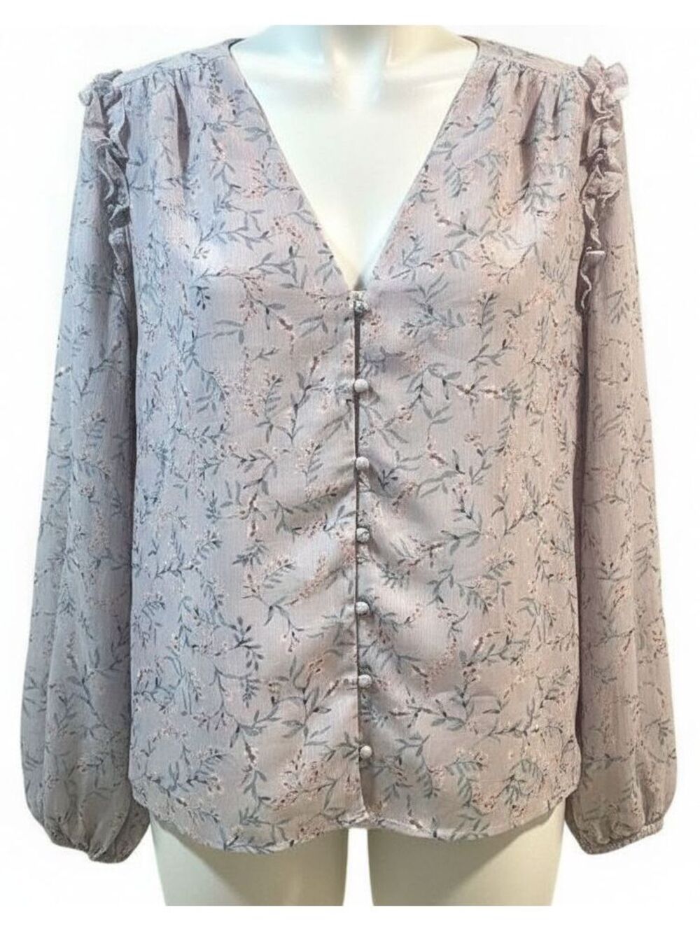 Greylin Cara Floral Georgette Blouse Large Sheer Puff Sleeve Button Front NWT